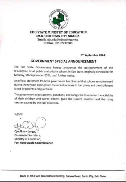 edo state govt notice on postponement